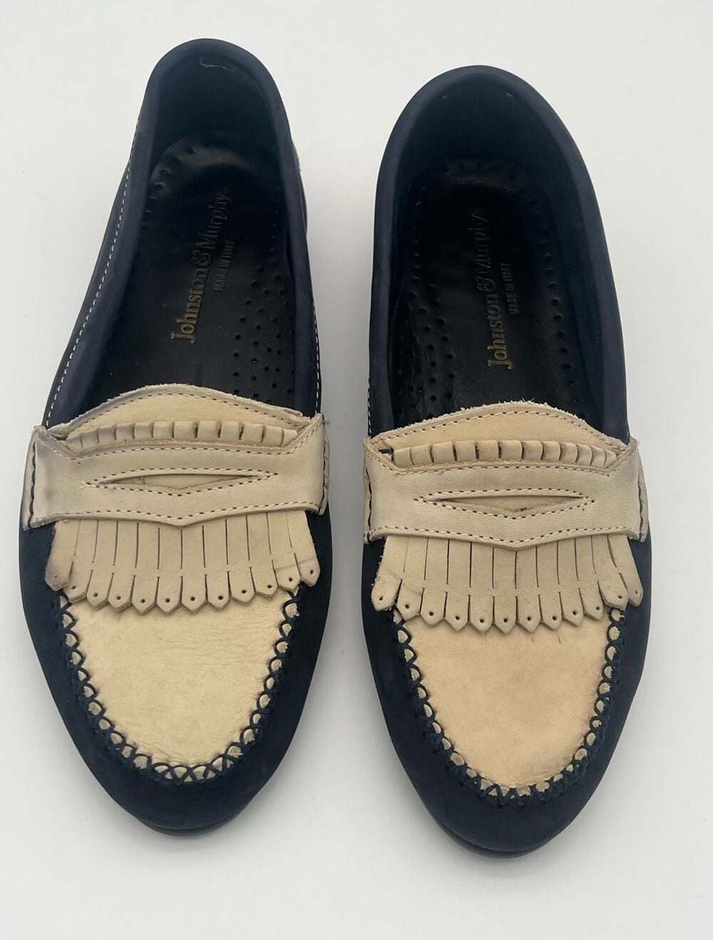 Johnston & Murphy Fringe Loafer, Navy and Beige Suede, Size 7.5 M made in Italy